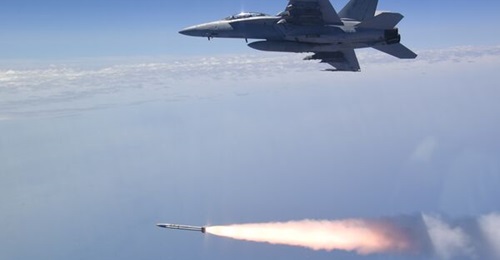 A US Navy F/A-18 Hornet launches an AARGM-ER during trials of the missile in December 2022.