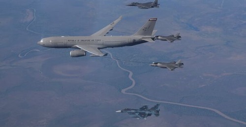 Singapore's A330 MRTT conducts air-to-air refuelling operations to extend the endurance of participating fighter aircraft, including F-35s, at Exercise 'Pitch Black' 2022.