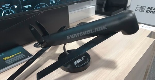 A model of the Switchblade 300 loitering munition is displayed at the 2021 Association of the United States Army annual trade show in Washington, DC.