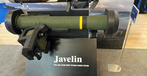 The Javelin, displayed here at Aero India 2023 held in Bangalore, is a medium-range, manportable, shoulder-fired, fire-and-forget, lock-on before launch (LOBL) ATGM system.