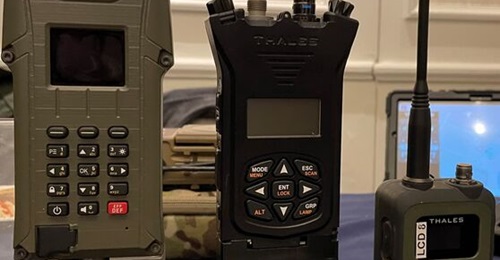 Thales UK DSA offering on display at the 2023 Future Soldier Technology Conference. Synaps (left), AN/PRC-148E Spear (middle), and SquadNet radio (right).