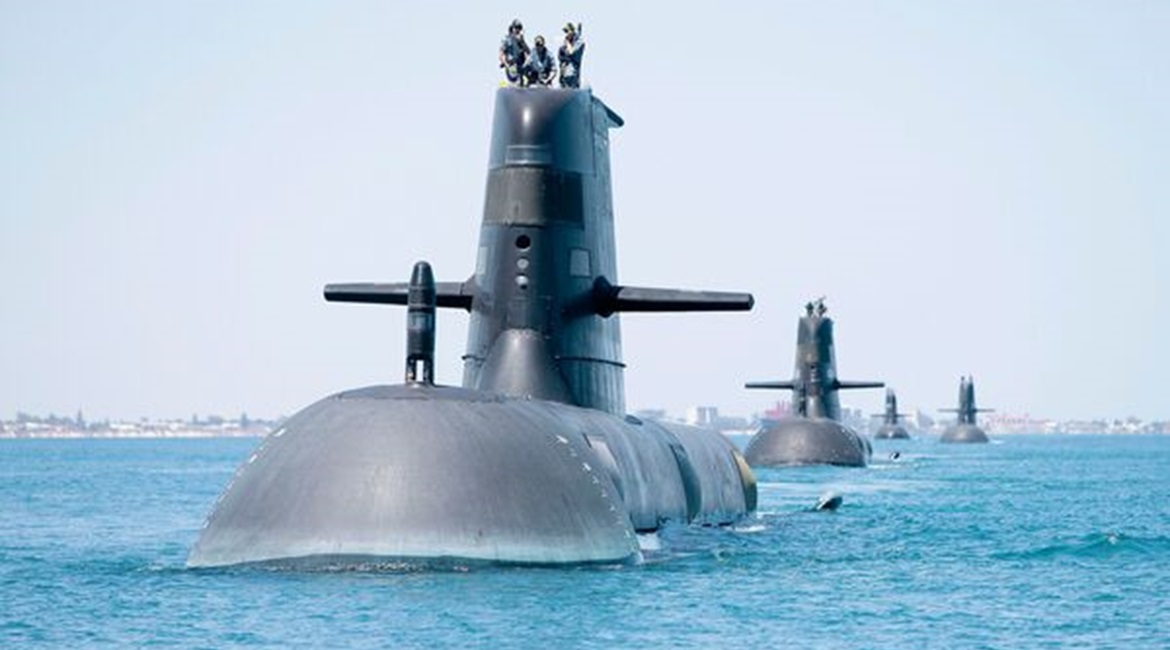 RAN Collins-class submarines HMAS 
        
        , HMAS 
        
        , HMAS 
        
         and HMAS
        
         in formation while transiting through Cockburn Sound, Western Australia, in February 2019. All six of the RAN's C...