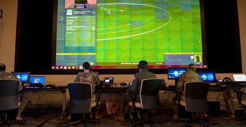 U.S. Air Force Airmen monitor computers in support of the Advanced Battle Management System (ABMS) Onramp 2, Sept 2, 2020 at Joint Base Andrews, Maryland.