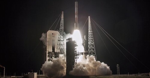A ULA Delta IV rocket lifts off from Space Launch Complex-37 At Cape Canaveral, Florida, with the US Air Force's ninth Wideband Global satcom satellite.