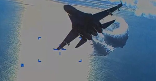 A screenshot taken from the onboard camera of a USAF MQ-9A Reaper UAV as it is harassed by a Russian Su-27 Flanker fighter over the Black Sea on 14 March. Despite the Reaper eventually being destroyed, the RAF says it continues to operate its manned ai...