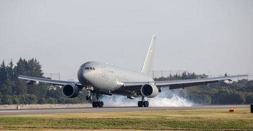 A Boeing KC-46A tanker touches down during a visit to Japan.