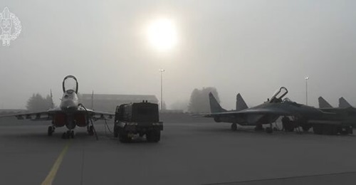 A screenshot from a Slovak Air Force video released on 23 March, showing the first four MiG-29s being prepped ahead of their transfer to Ukraine.