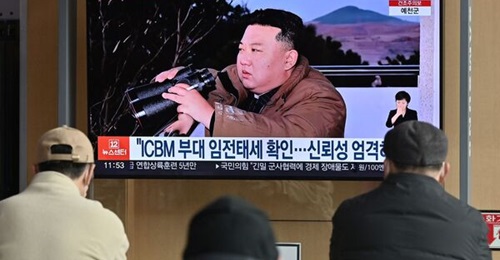 A file image of North Korea's leader Kim Jong-Un witnessing a test-firing of an intercontinental ballistic missile in mid-March 2023. North Korea has since test-fired more weapon systems, including what it claims to be an 'underwater nuclear strategic ...