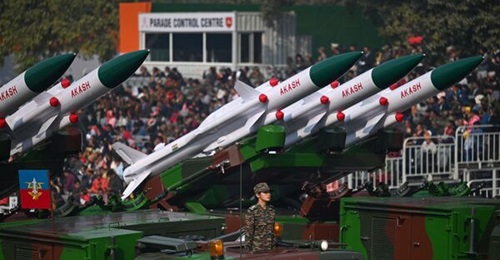 The maximum range of the Indian Army's Akash Weapon System, seen here taking part in the full dress rehearsal for the Republic Day parade 2023, is 30 km and it can hit targets at a maximum elevation of 18 km.