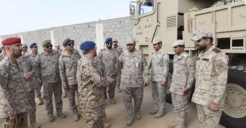 Saudi Chief of the General Staff Lieutenant General Fayyad bin Hamed al-Ruwaili (centre) inspects a Chun-Moo multiple rocket launcher during a visit to Jizan and Najran.