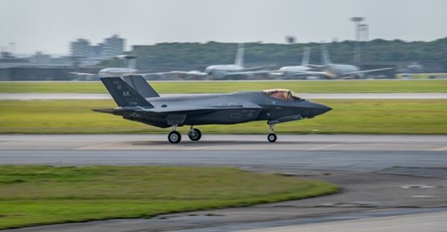 A US Air Force F-35A Lightning II assigned to the 354th Fighter Wing at 
        
         Air Force Base, Alaska, lands at Kadena Air Base on 28 March 2023.