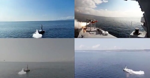 A screen capture of video imagery posted on Twitter by SSB on 28 March showing the 
        
         armed USV firing a Kuzgun-KY solid fuel SSM for the first time.