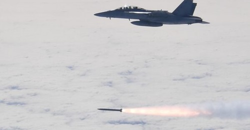 An AARGM-ER is fired from a US Navy F/A-18 Super Hornet during a test.