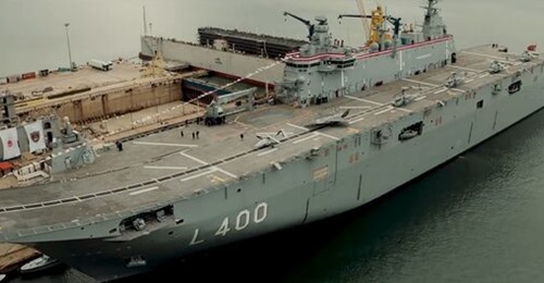 Screenshot from a Baykar video showing the Turkish LHD 
        
         with its intended Bayraktar TB3 and Bayraktar Kizilelma unmanned aircraft wing.