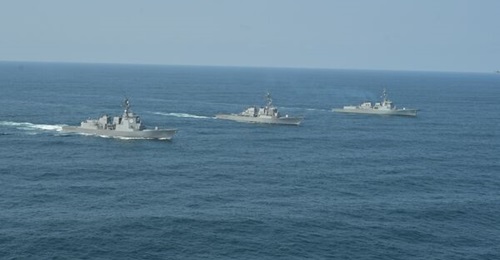 JS 
        
        , USS 
        
        , and ROKS 
        
         are seen here conducting a trilateral BMD exercise in the Sea of Japan (East Sea).