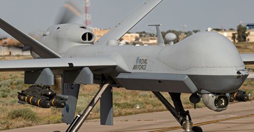 Seen for the first time on imagery released by the MoD on 18 April, this UK Reaper is fitted with two cheek-mounted sensor arrays (one on each side of the aircraft). A previously classified blade antenna can also be seen fitted to the underfuselage.