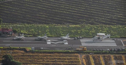 RoCAF F-CK-1 Ching Kuo, F-16V, and Mirage 2000-5 fighter aircraft along with an E-2K aircraft during emergency take-off and landing drills that were conducted from a provincial highway in Taiwan on 15 September during this year's 'Han Kuang' military e...