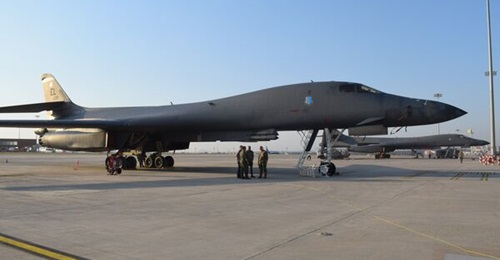 Although USAF B-1B Lancers have previously landed in India, they had not participated in wargames over the Indian subcontinent prior to Exercise 'Cope India 23'. In this photograph, two Lancers of the 34th Expeditionary Bomb Squadron sit at the Kempego...