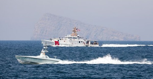 USCGC 
        
         (WPC 1146) transits the Strait of Hormuz with an L3Harris Arabian Fox Mast-13 unmanned surface vessel on 19 April.
