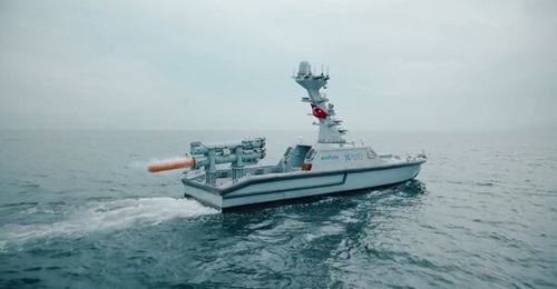 A screen capture of the Mir USV torpedo firing demonstration taken from video footage shared by the SSB on its official Twitter page on 18 April.
