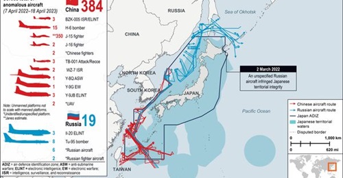 Based on data from the Japan MoD, this graphic shows Chinese and Russian air activity around Japan from April 2022 to April 2023. Tokyo said that most of its aircraft scrambles were prompted by Chinese and Russian electronic intelligence aircraft.