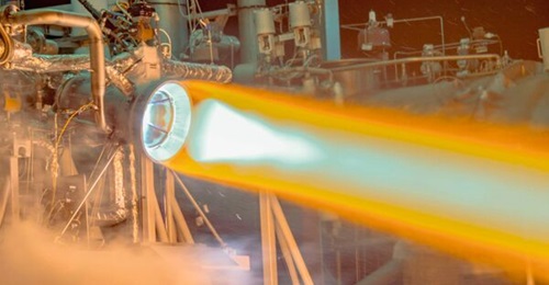 Aerojet Rocketdyne, which L3Harris Technologies seeks to acquire, tests a thrust chamber assembly for an RL-10 rocket engine.