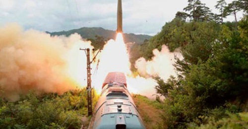 An image released by North Korean state media showing what appears to be a modified KN-23 SRBM being launched from railway-borne launch system on 15 September.