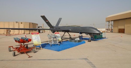 A CH-4 UAV displayed with weapons at the Iraqi Army Aviation Command's area at Balad Air Base in August 2022.