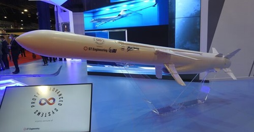 A model of the Blue Spear missile on display in Singapore. The weapon will soon be deployed on the country's Formidable-class frigates.