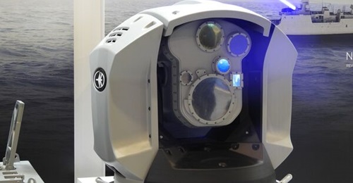 A mock-up of the naval Iron Beam system, on display at IMDEX 2023.