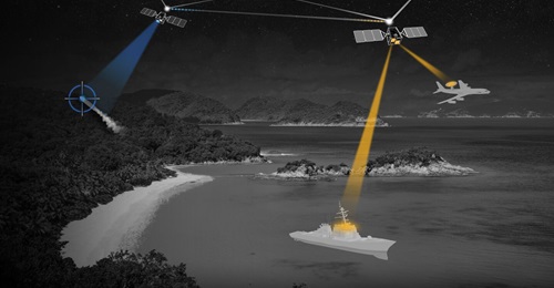 A rendering of CesiumAstro's Vireo AESA RF communications payload integrated into Tranche 1 satellites for the SDA's Proliferated Warfighter Space Architecture.