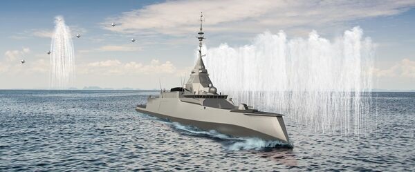 A computer-generated image of an FDI HN frigate deploying corner reflector (SEALEM 08-02) and IR (SEALIR 08-01) payloads. Each FDI HN frigate will be fitted with four fixed Sylena Mk 1 launchers.