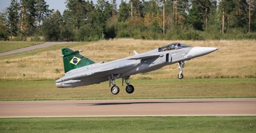The first flight of a Brazilian F-39E Gripen fighter operated from Saab's airfield in Linköping, Sweden.