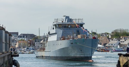 the third and final OPV 58 S on order for Senegal, is pictured during its launch at Piriou's shipyard in Concarneau on 2 May.