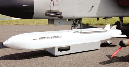 Seen in its wings-folded stowed configuration, the air-launched Storm Shadow is a long-range cruise missile with a published range 'in excess' of 250 km.
