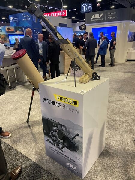 AeroVironment's Switchblade 300 Block 20, showcased at SOF Week 2023, has twice the endurance of its predecessor and hosts a modular payload and a side tilt camera.