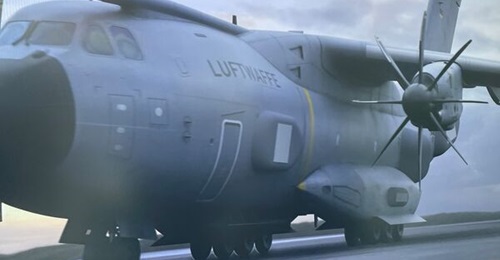 Screengrab from an Airbus video shown at the AOC Europe 2023 conference in Bonn, Germany, showing a Luftwaffe A400M aircraft in a stand-off jammer configuration for the luWES airborne electronic attack requirement.