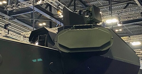 A Challenger 3 main battle tank prototype shown at DSEI fitted with a mock-up of the Trophy APS.