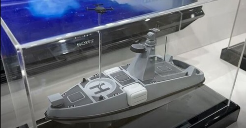 The ULAQ search-and-rescue unmanned surface vessel displayed at LIMA 2023.