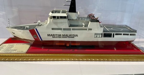 A model of the Malaysian Maritime Enforcement Agency's Tun Fatimah-class offshore patrol vessel displayed at LIMA 2023.