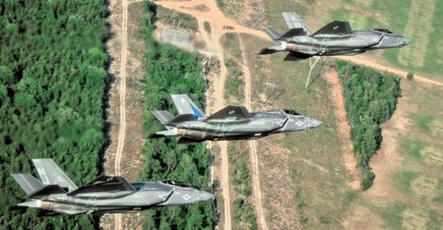 A US triservice formation of the US Air Force F-35A (lead), the US Marine Corps F-35B, and the US Navy F-35C.