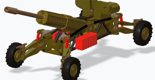 Dstl is developing a Lightweight Fires Platform technology demonstrator to replace the 105 mm Light Gun. The red boxes on the sides represent batteries, the 'Mickey Mouse ears' house propellant, and up to 14 rounds can be stowed behind the elevating mass.