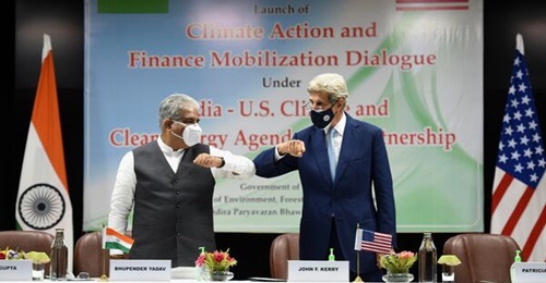 India's Union Minister for Environment and Climate Change Bhupender Yadav and United States Special Presidential Envoy for Climate John Kerry launch the Climate Action and Finance Mobilisation Dialogue (CAFMD) under the India-US Climate and Clean Energ...
