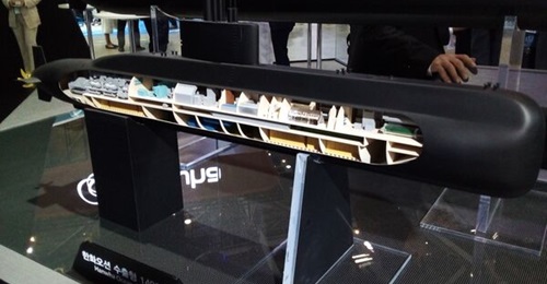 A model of Hanwha Ocean's 1400-class submarine, which is the basis for the proposal sent to the Philippine Navy, on display at MADEX 2023.