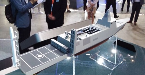 A model of the Joint Strike Ship, which has been developed by Hanwha Ocean in anticipation of a Republic of Korea Navy requirement for such a vessel.