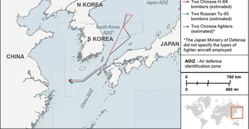 Chinese and Russian bombers conducted a joint air patrol on 6 June. The Russian bombers subsequently landed at an unidentified airbase in China.