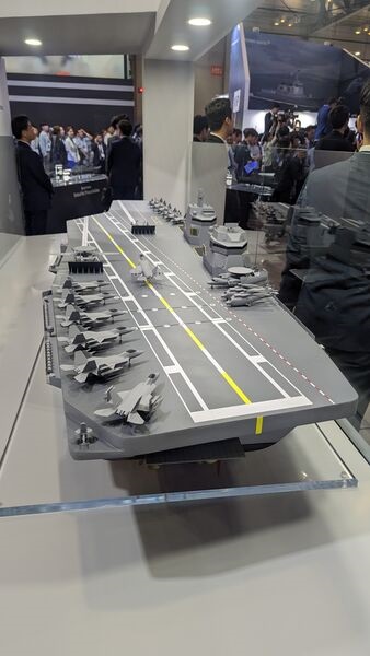 A model of HHI's latest CVX aircraft carrier design.