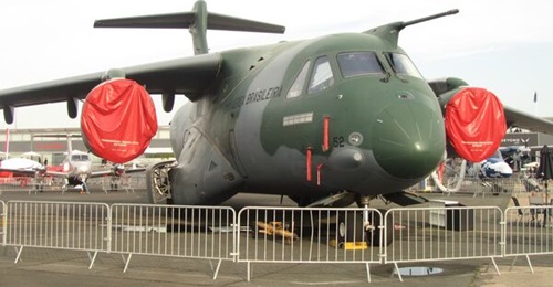 One of two KC-390s that Embraer has brought to the Paris Air Show to build on its recent European success with the tanker-transport aircraft.