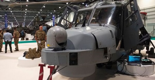UK Army Air Corps Wildcat AH1 helicopter was on display at DSEI 2021 with a mock-up of a Seaspray 7500E V2 multimode radar fitted under its nose.