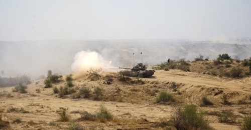 The Indian Army seeks to upgrade its T-90 MBTs with 1,200-1,500 hp engines. The image shows a T-90 MBT at an Indian Army exercise in November 2022.